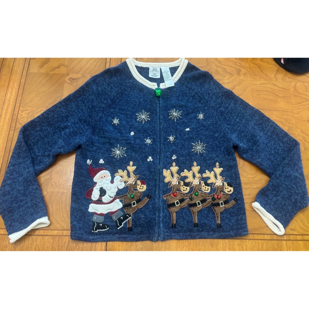 Tiara International Girls Christmas Cardigan Santa Reindeer Blue Sweater L 12/14
